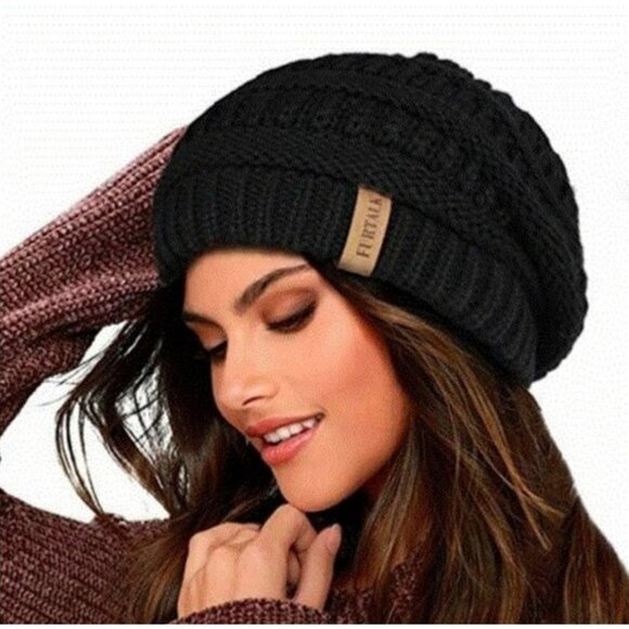 Furtalk Slouchy Black Beanie NEW Black Warm Comfort
